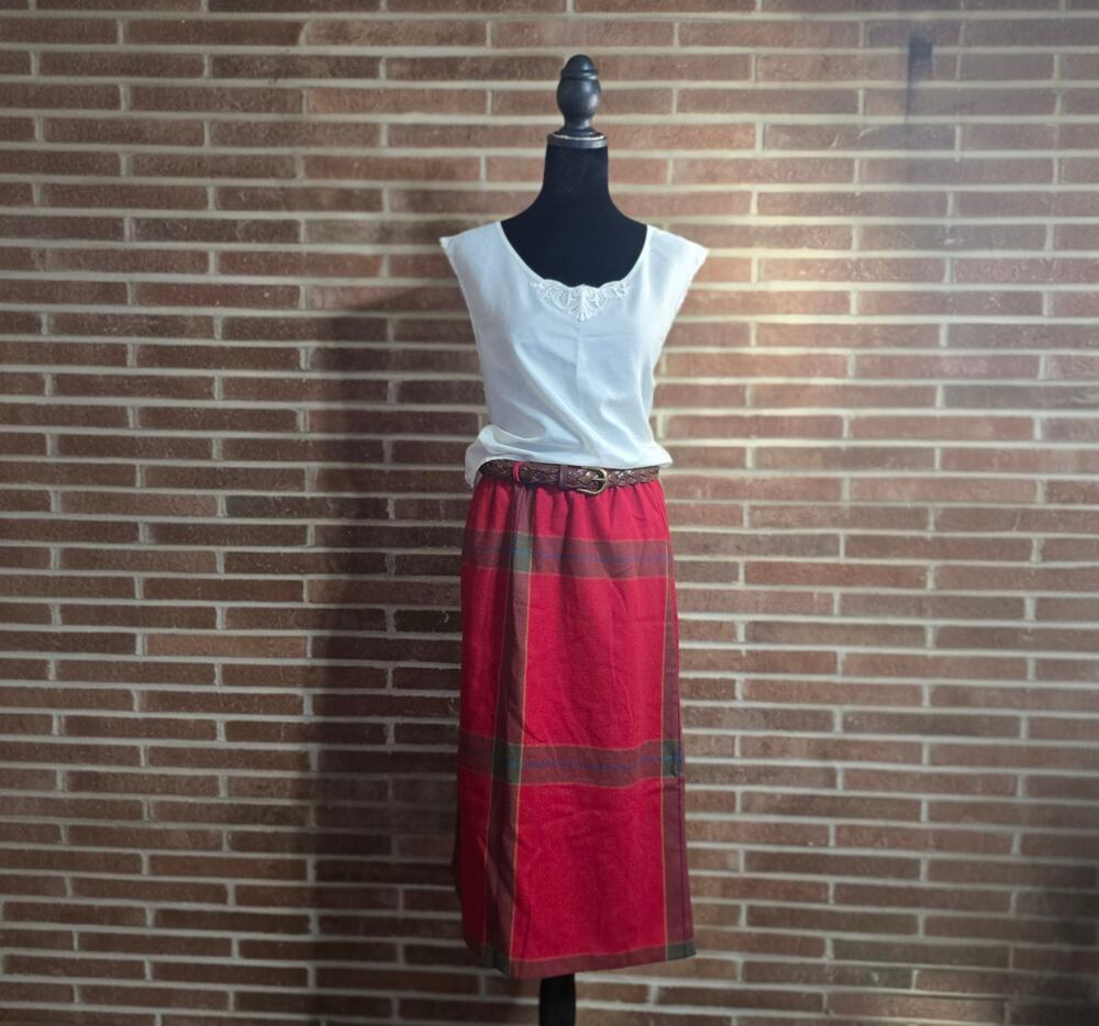 Vintage 70s 80s Russ Togs New Attitude Red Plaid Midi Skirt Made in USA ILGWU
